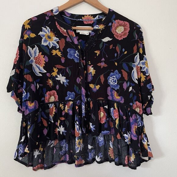 Anthropologie Black Floral Josie Dolman Sleeve Top XSP Crepe Boho Peasant Flowy - Picture 2 of 12